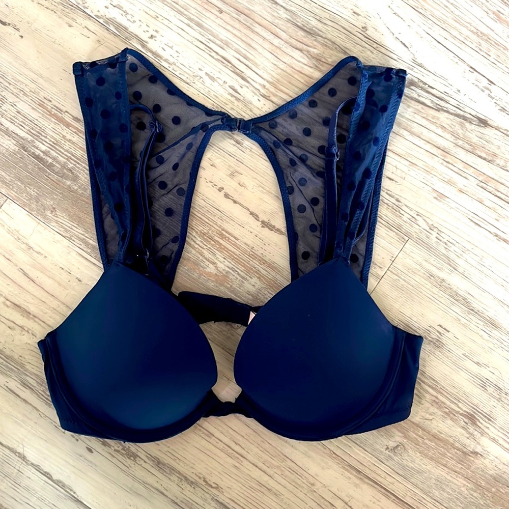 Victoria’s Secret Padded Plunge Blue Bra with Velvet Polkadot size 32B